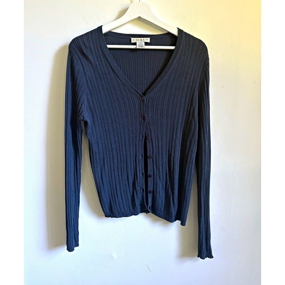 Chaus Womens Gray Rib-Knit V-Neck Button Front Cardigan Sweater Sz M Silk career